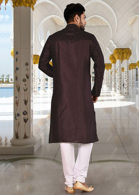 2 Pc Wine Silk Kurta And Pajama Set