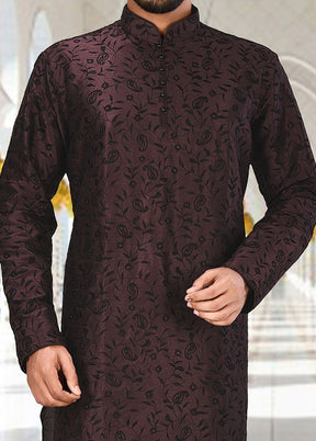 2 Pc Wine Silk Kurta And Pajama Set