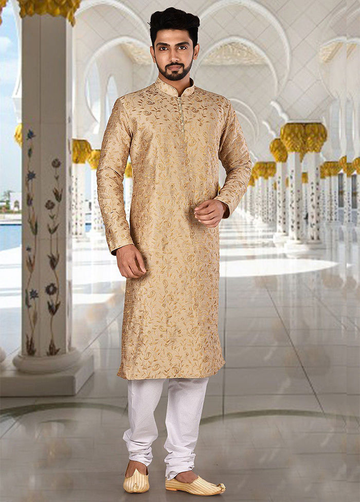 2 Pc Golden Silk Kurta And Pajama Set