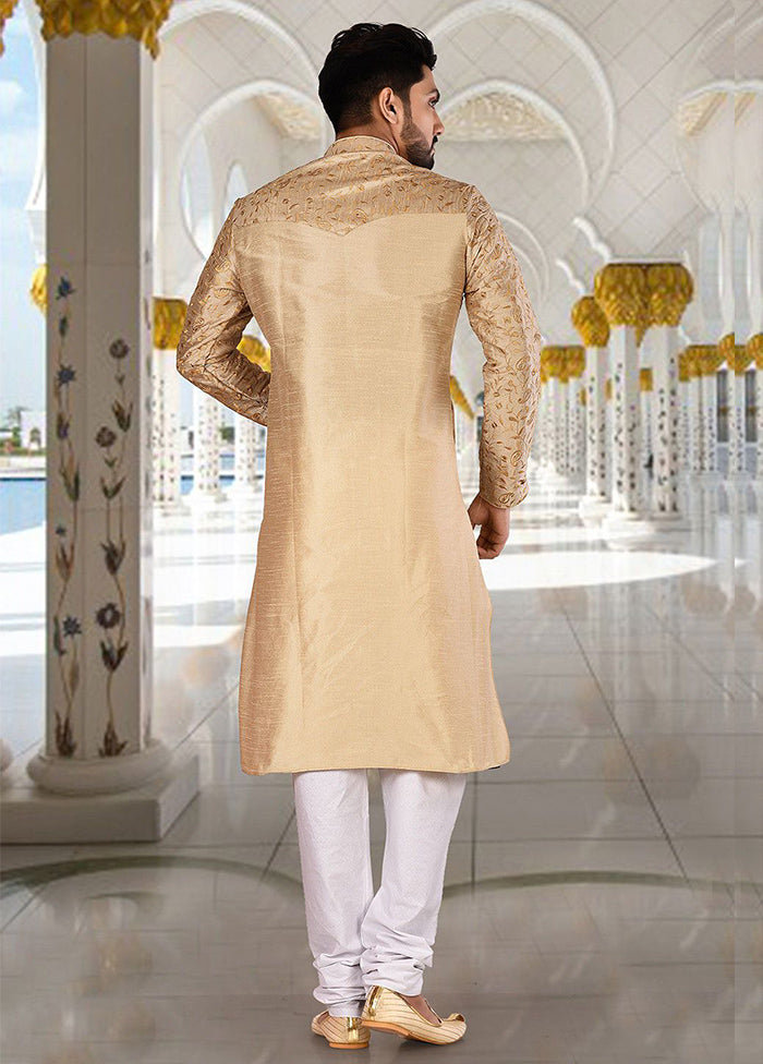 2 Pc Golden Silk Kurta And Pajama Set