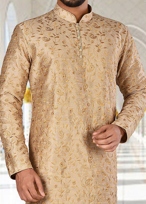 2 Pc Golden Silk Kurta And Pajama Set