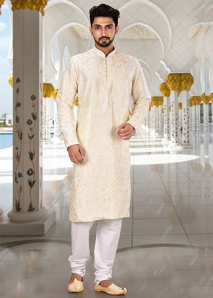 2 Pc Off White Silk Kurta And Pajama Set