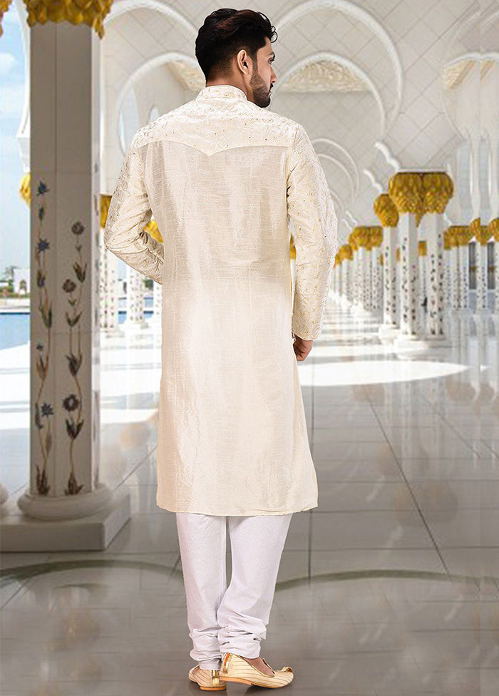 2 Pc Off White Silk Kurta And Pajama Set