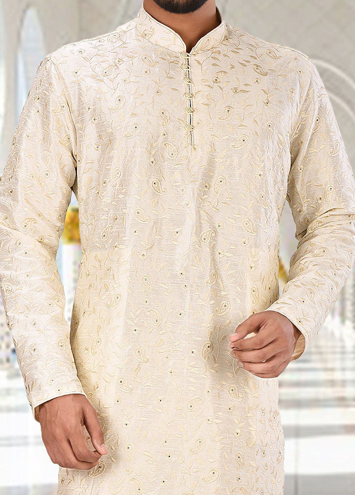 2 Pc Off White Silk Kurta And Pajama Set