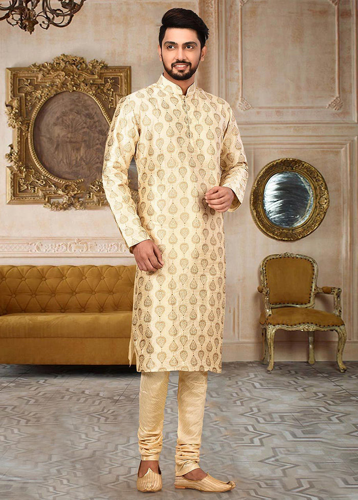 2 Pc Cream Silk Kurta And Pajama Set