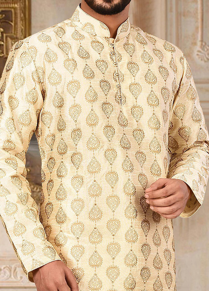 2 Pc Cream Silk Kurta And Pajama Set