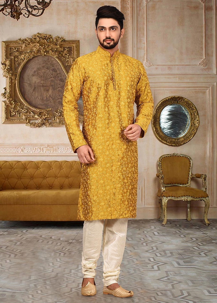 2 Pc Mustard Silk Kurta And Pajama Set