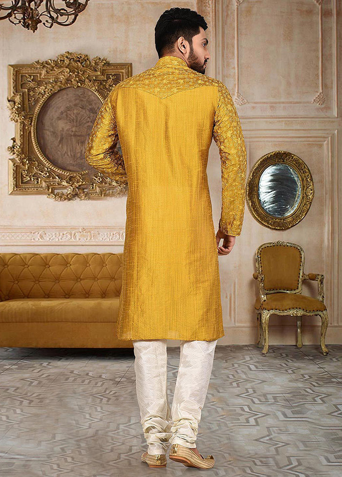 2 Pc Mustard Silk Kurta And Pajama Set