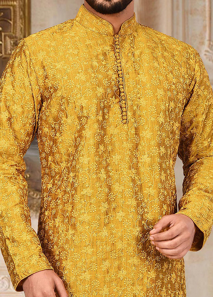 2 Pc Mustard Silk Kurta And Pajama Set