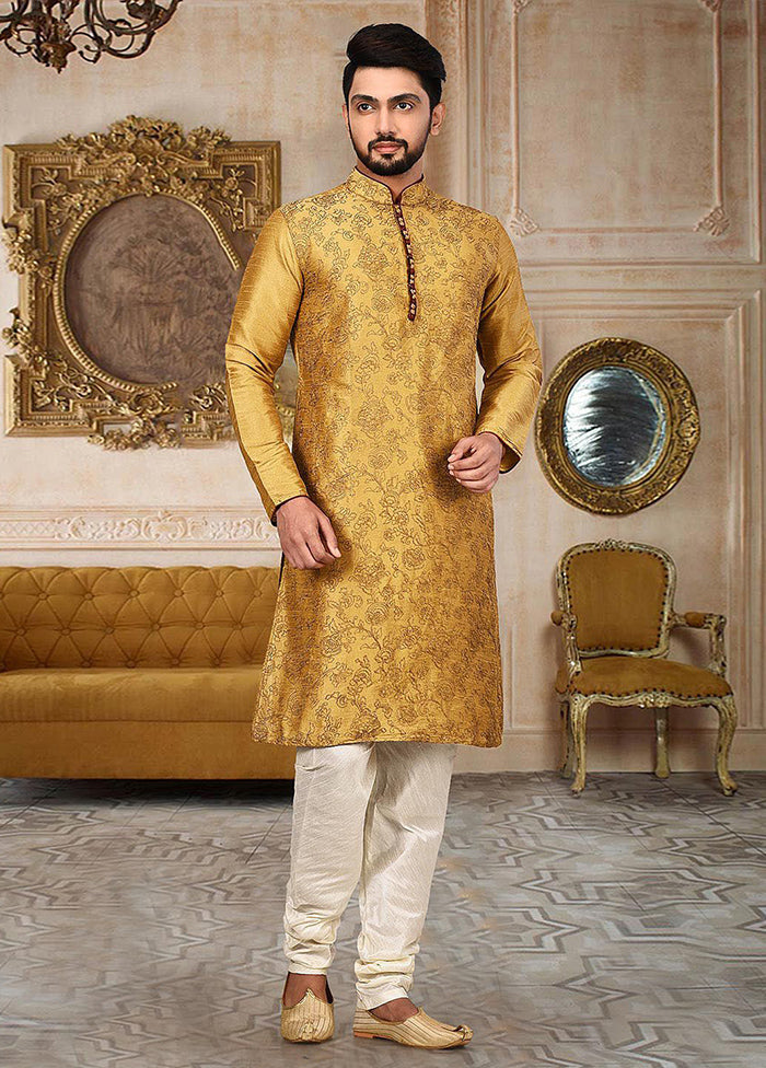 2 Pc Brown Silk Kurta And Pajama Set