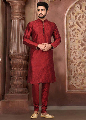 2 Pc Maroon Silk Kurta And Pajama Set