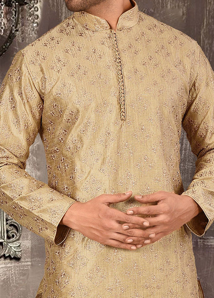 2 Pc Beige Silk Kurta And Pajama Set