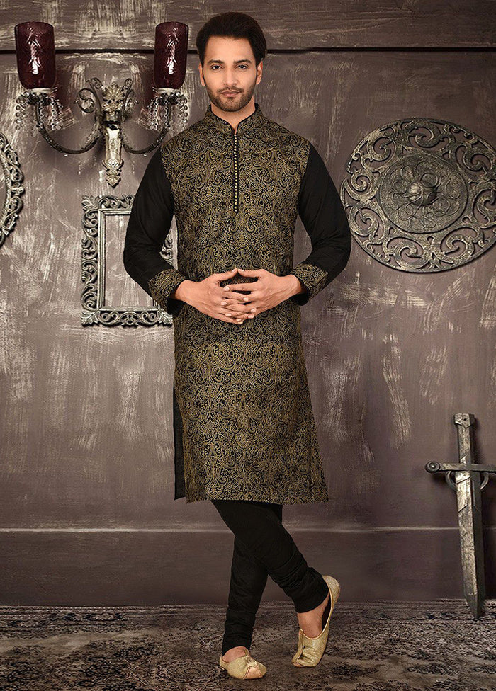 2 Pc Black Cotton Kurta And Pajama Set