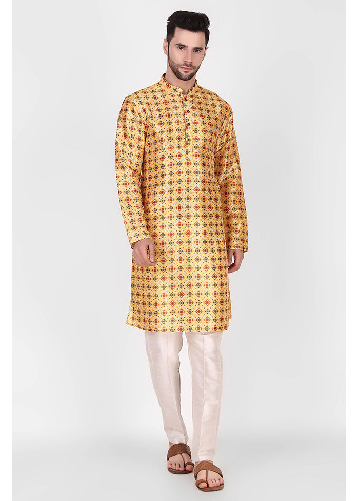 2 Pc Yellow Dupion Silk Kurta Pajama Set