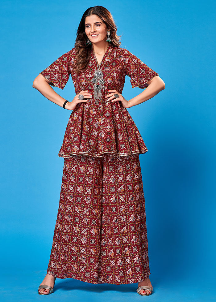 2 Pc Maroon Readymade Rayon Kurti Set