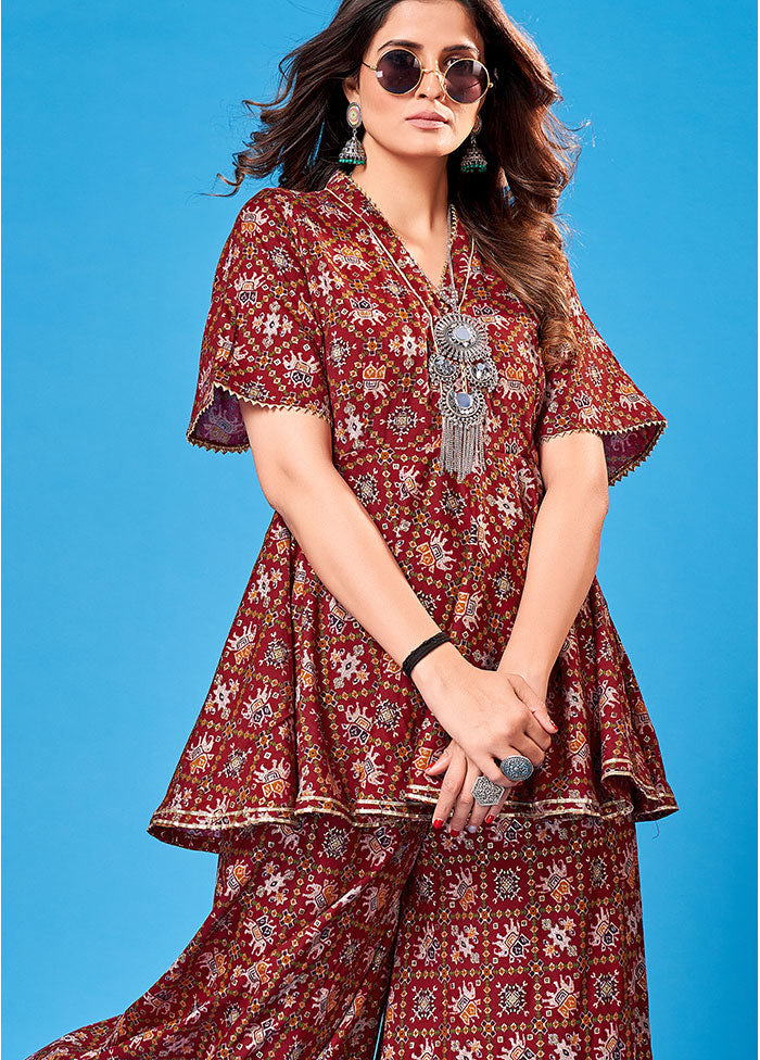 2 Pc Maroon Readymade Rayon Kurti Set