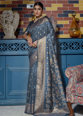 Grey Dupion Silk Saree With Blouse Piece