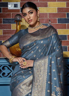 Grey Dupion Silk Saree With Blouse Piece