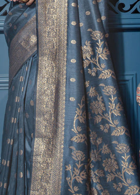 Grey Dupion Silk Saree With Blouse Piece