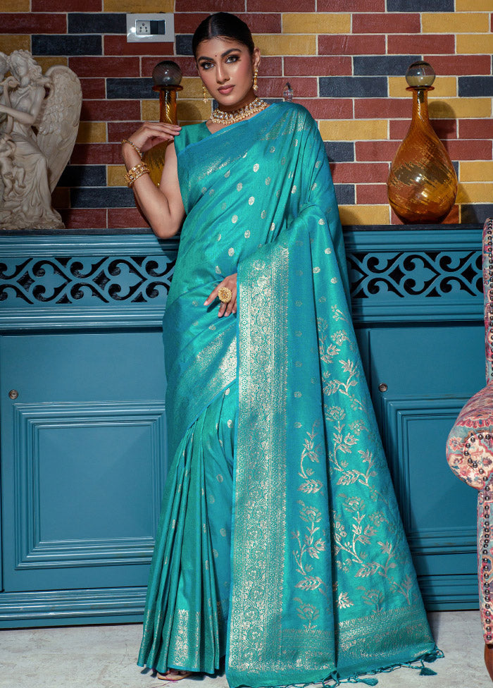 Turquoise Dupion Silk Saree With Blouse Piece