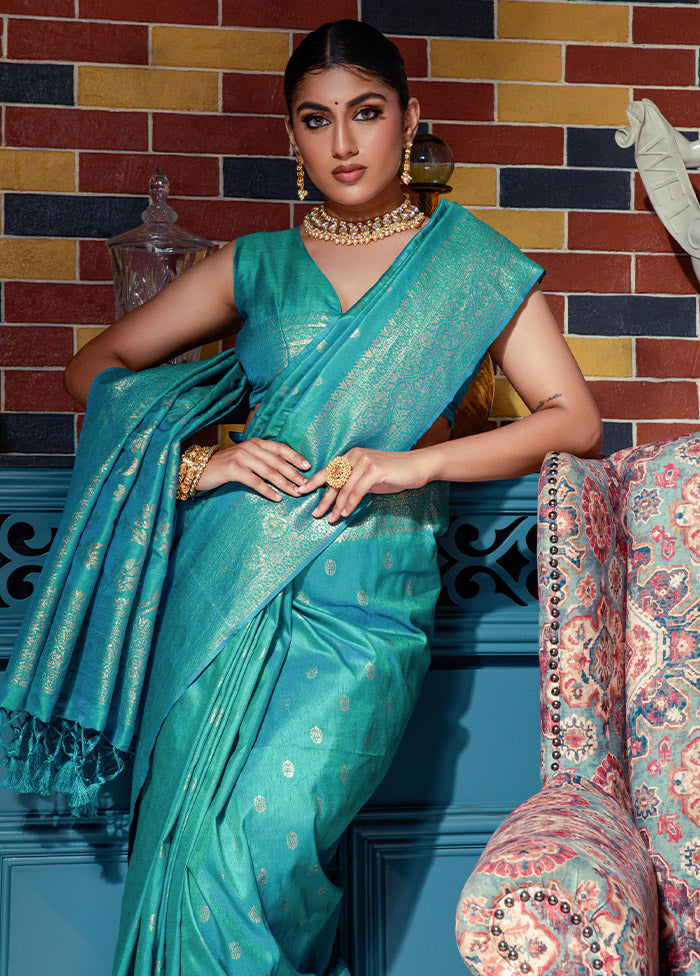 Turquoise Dupion Silk Saree With Blouse Piece