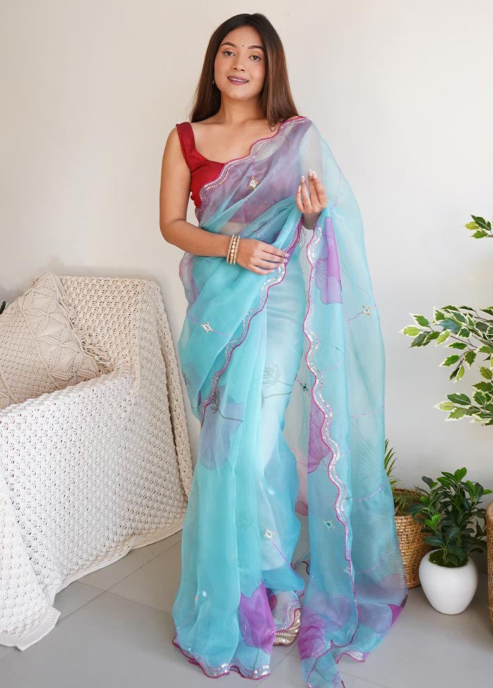 Sky Blue Organza Saree With Blouse Piece