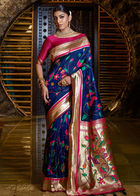 Navy Blue Dupion Silk Saree With Blouse Piece