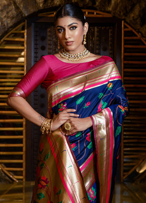 Navy Blue Dupion Silk Saree With Blouse Piece