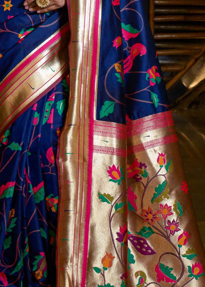 Navy Blue Dupion Silk Saree With Blouse Piece