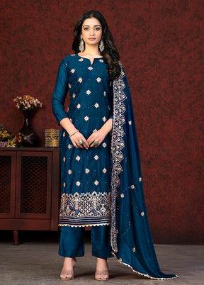 3 Pc Blue Semi Stitched Chanderi Suit Set