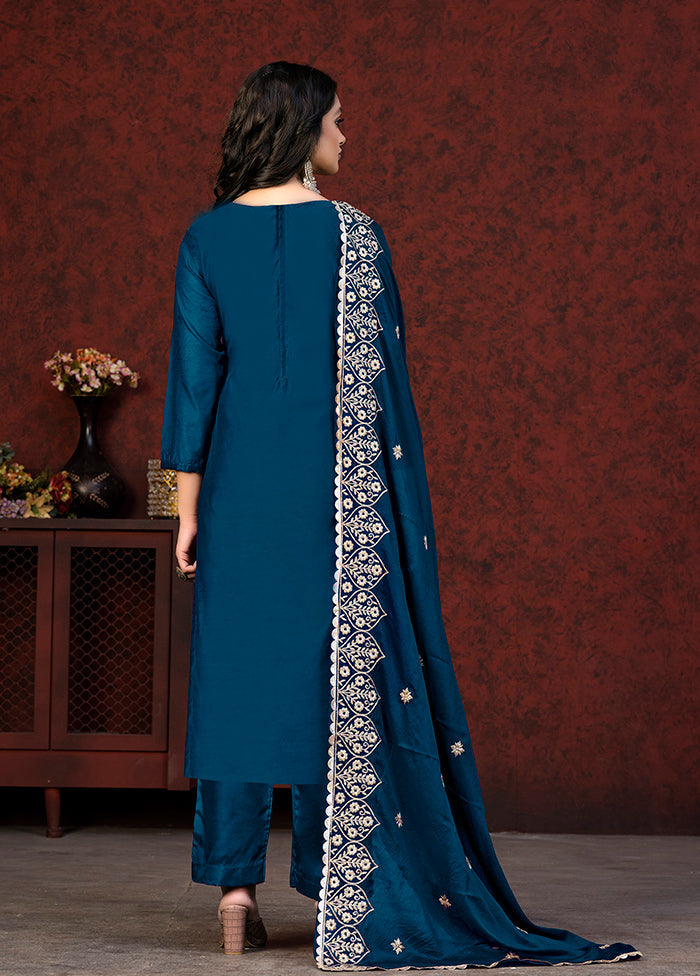 3 Pc Blue Semi Stitched Chanderi Suit Set