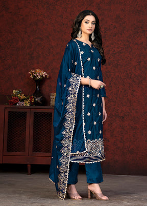 3 Pc Blue Semi Stitched Chanderi Suit Set