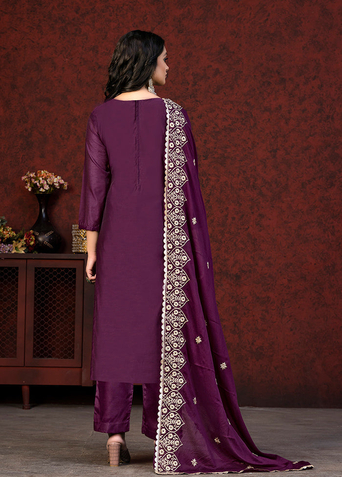 3 Pc Wine Semi Stitched Chanderi Suit Set