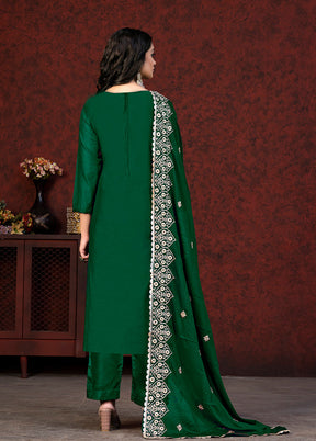 3 Pc Green Semi Stitched Chanderi Suit Set