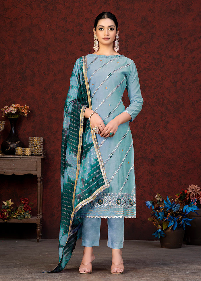 3 Pc Sky Blue Semi Stitched Chanderi Suit Set