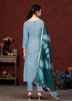 3 Pc Sky Blue Semi Stitched Chanderi Suit Set