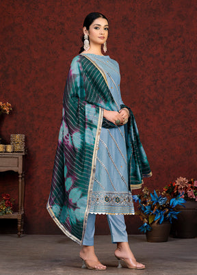 3 Pc Sky Blue Semi Stitched Chanderi Suit Set