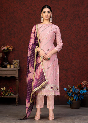 3 Pc Peach Semi Stitched Chanderi Suit Set