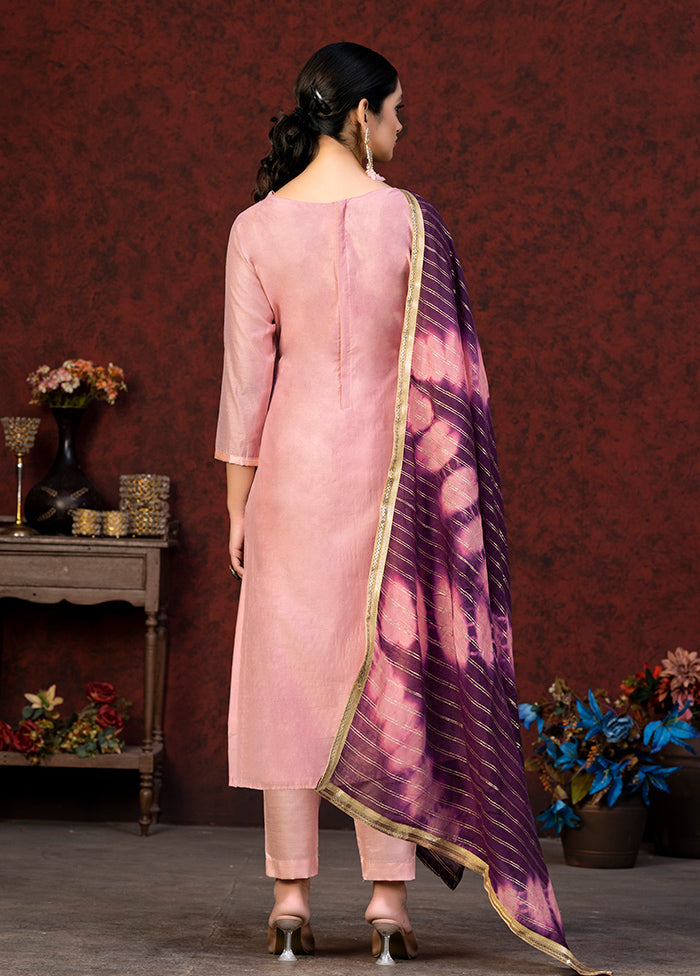 3 Pc Peach Semi Stitched Chanderi Suit Set