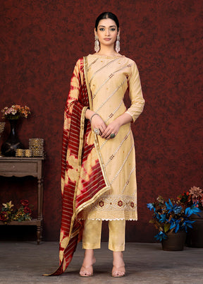 3 Pc Yellow Semi Stitched Chanderi Suit Set