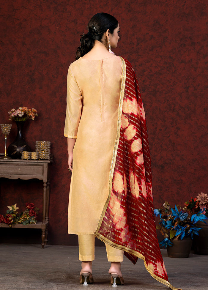 3 Pc Yellow Semi Stitched Chanderi Suit Set