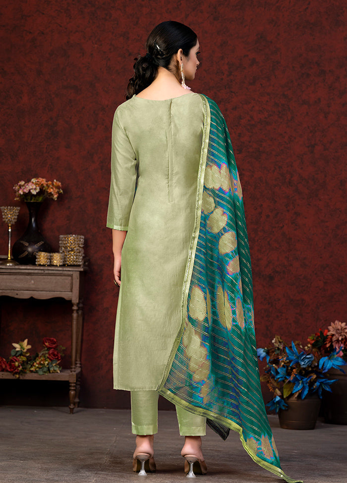3 Pc Pista Green Semi Stitched Chanderi Suit Set
