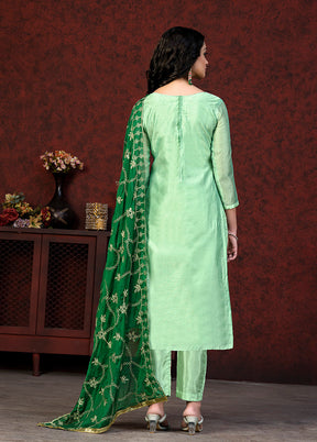 3 Pc Green Semi Stitched Chanderi Suit Set