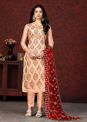 3 Pc Peach Semi Stitched Chanderi Suit Set