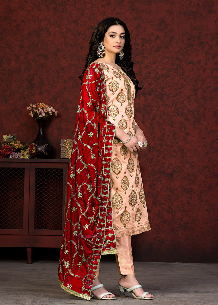 3 Pc Peach Semi Stitched Chanderi Suit Set