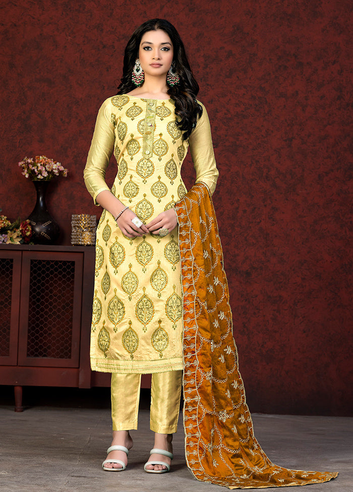 3 Pc Yellow Semi Stitched Chanderi Suit Set