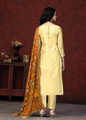 3 Pc Yellow Semi Stitched Chanderi Suit Set