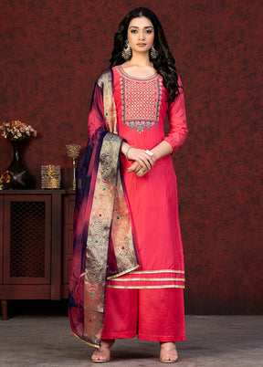 3 Pc Pink Semi Stitched Chanderi Suit Set