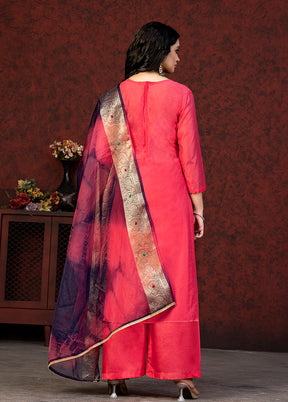 3 Pc Pink Semi Stitched Chanderi Suit Set