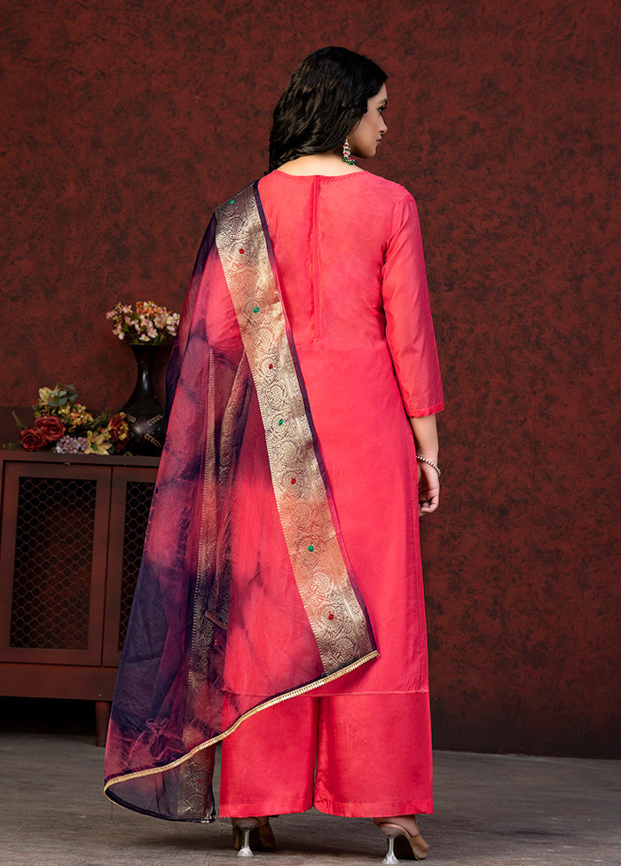 3 Pc Pink Semi Stitched Chanderi Suit Set